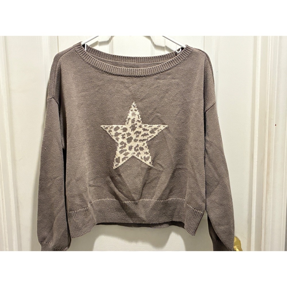 Hollister Womens Leopard Star Graphic Knit Sweater Taupe Brown XS Pullover